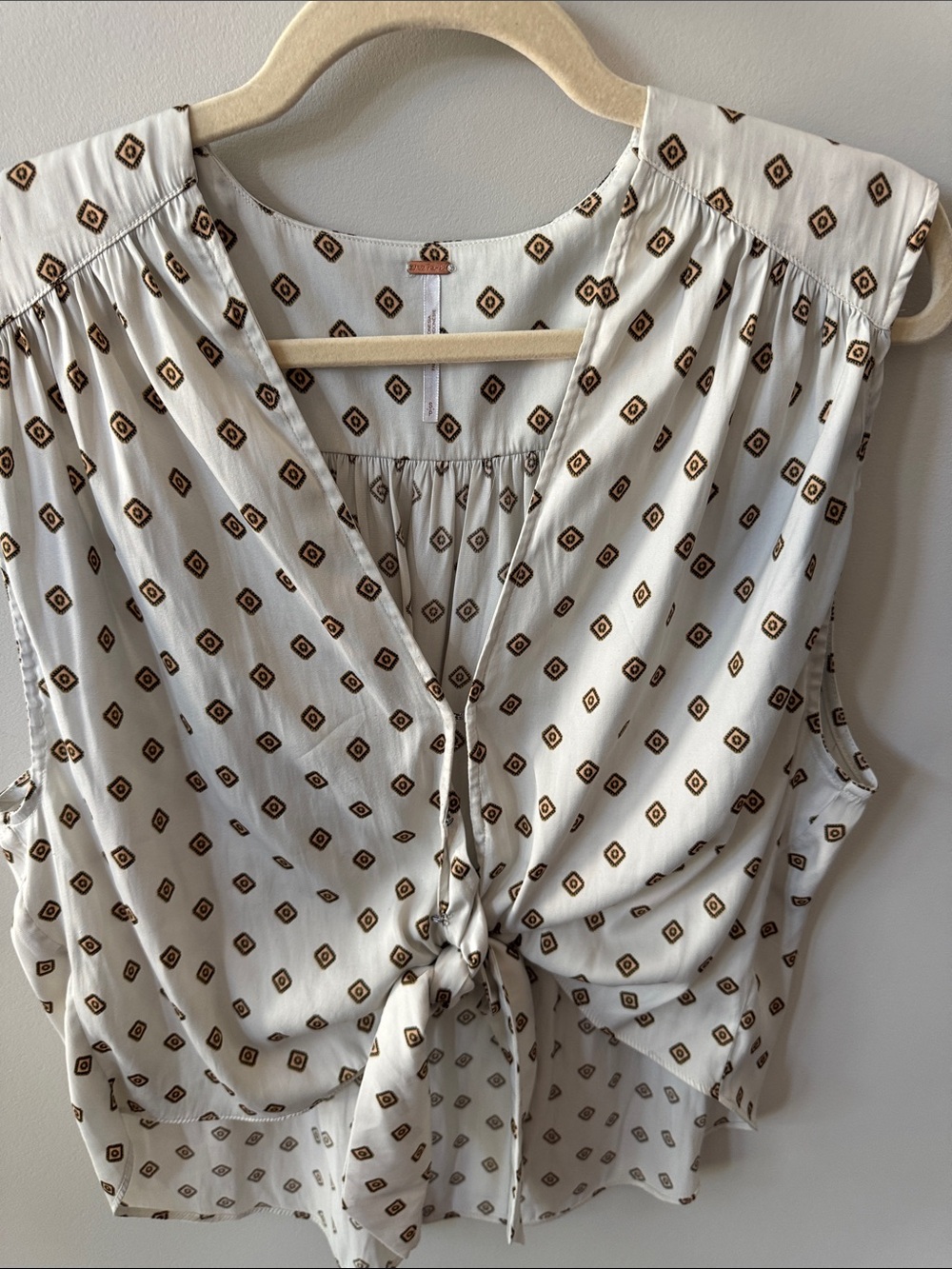 Free People Ivory Tie-Front Sleeveless Blouse with Brown Geometric Print